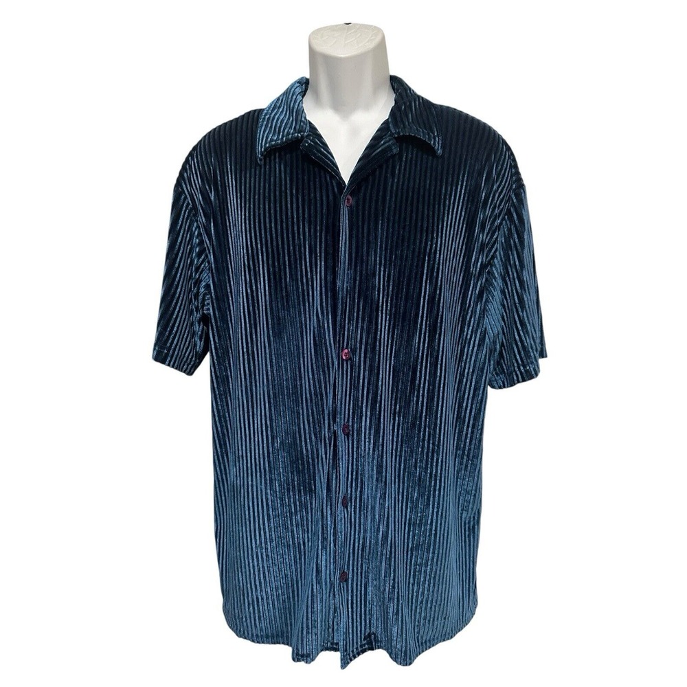 Positano‎ Mens Shirt Vintage Crushed Blue Linear Velvet Party Disco 70's L RARE